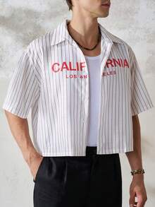 TONEVAULT Camisa de hombre de verano con estampado de letras y rayas - Blanco - Ver 6