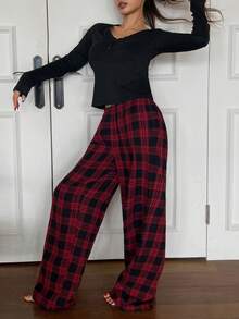 Livesso Women's Solid Color Long Sleeve Top & Plaid Pants Pajama Set Fall - Black - View 4