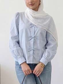 Solavon Women's French Fashion Bow Decor Long Sleeve Vacation Blouse - Blue - View 5