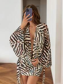 SHEIN ICON Gaun Mini Seksi Lengan Panjang Leher Kerah Motif Zebra untuk Wanita - MultiWarna - View 5
