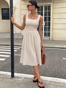 Siren Gaze 女款中長洋裝，休閒極簡度假波希米亞優雅浪漫復古杏色卡其條紋，女款通勤洋裝，女款通勤穿搭，音樂節，沙灘穿搭，度假穿搭，女款夏季穿搭 - 彩色 - 查看 4