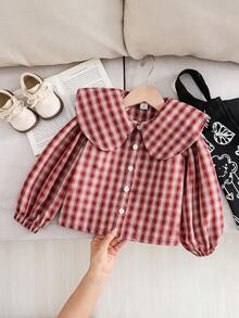 SHEIN Playful Pals 女童韓式復古可愛彼得潘領紅白格紋燈籠袖襯衫，適合返校季、日常休閒穿著，秋冬款 - 紅色 - 查看 2