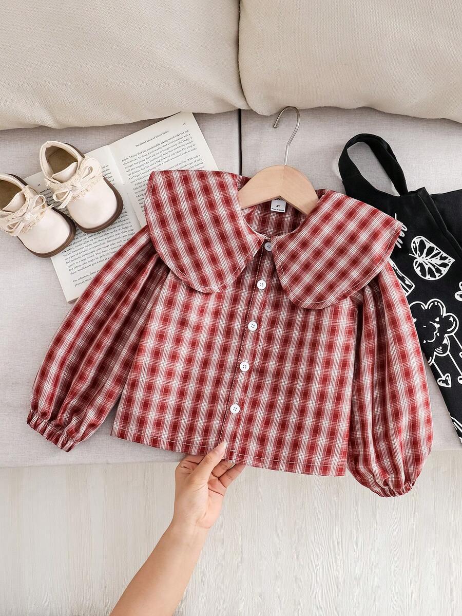 SHEIN Playful Pals 女童韓式復古可愛彼得潘領紅白格紋燈籠袖襯衫，適合返校季、日常休閒穿著，秋冬款