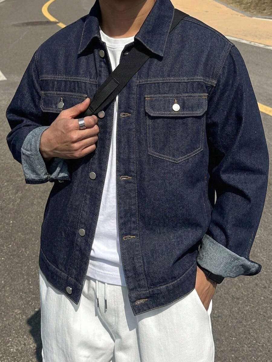 DAZY Men's Solid Color Denim Jacket, Autumn - Navy Blue - View 1