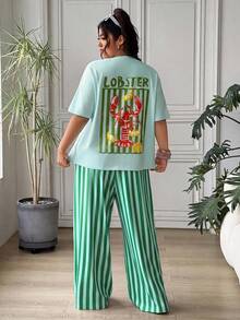 SHEIN EZwear 大尺碼女款字母與龍蝦圖案短袖上衣＋條紋長褲休閒日常兩件套 - 水鴨藍 - 查看 3