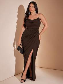 SHEIN BAE CURVE Plus Size Women Black Long Slit Elegant Dress - Brown - View 2