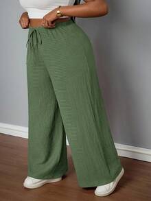 SHEIN PETITE CURVE 大尺碼女款鼠尾草綠紋理休閒束腰寬鬆保守傳統居家褲，適合度假、機場、商務、夏季正式場合 - 橄欖綠 - 查看 7