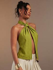 Hauture Women's Sexy Abstract Print Halter Neck Backless Linen Top - Green - View 4