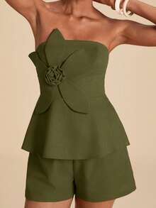 Travachic Women's Solid Color Bandeau Top 3D Floral Detail Shorts 2 Pieces Set Vacation Garden Party Olive Green Summer Tropical Jamaican - Army Green - View 3