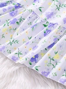 女童花卉印花蝴蝶结装饰短袖连衣裙 - 紫色 - 查看 9