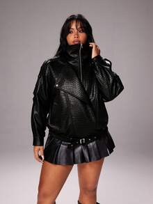 Rustia Plus Size Premium Street Style Cool Autumn New Loose Versatile Fashion Motorcycle Leather Jacket Winter - Black - View 7