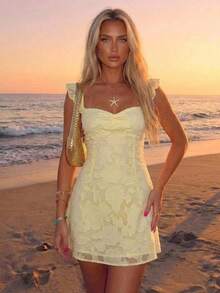 Aloruh Women's Summer Elegant Cute Solid Color Cut-Out Short Dress Vacation Going Out Pale Yellow - Light Yellow - View 6