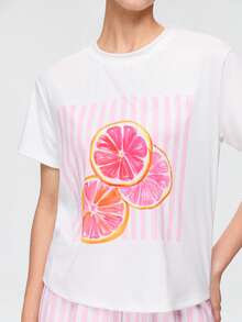 Bonmuse Women's Pink Striped Grapefruit Short Sleeve T-Shirt And Shorts Pajama Set - Red - View 6