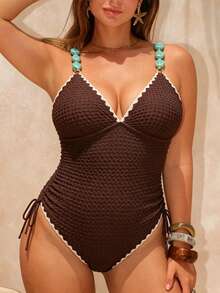 Swim Chiccia New Summer Beach Vacation Women's Floral Beaded Drawstring Plus Size One-Piece Swimsuit - Coffee Brown - View 3