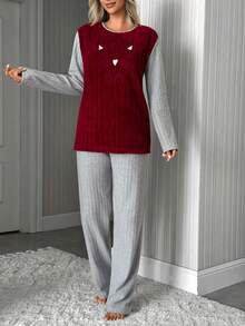 SHEIN Women's Fuzzy Cat Embroidery Long Sleeve Ribbed Pajama Set - Burgundy - View 3