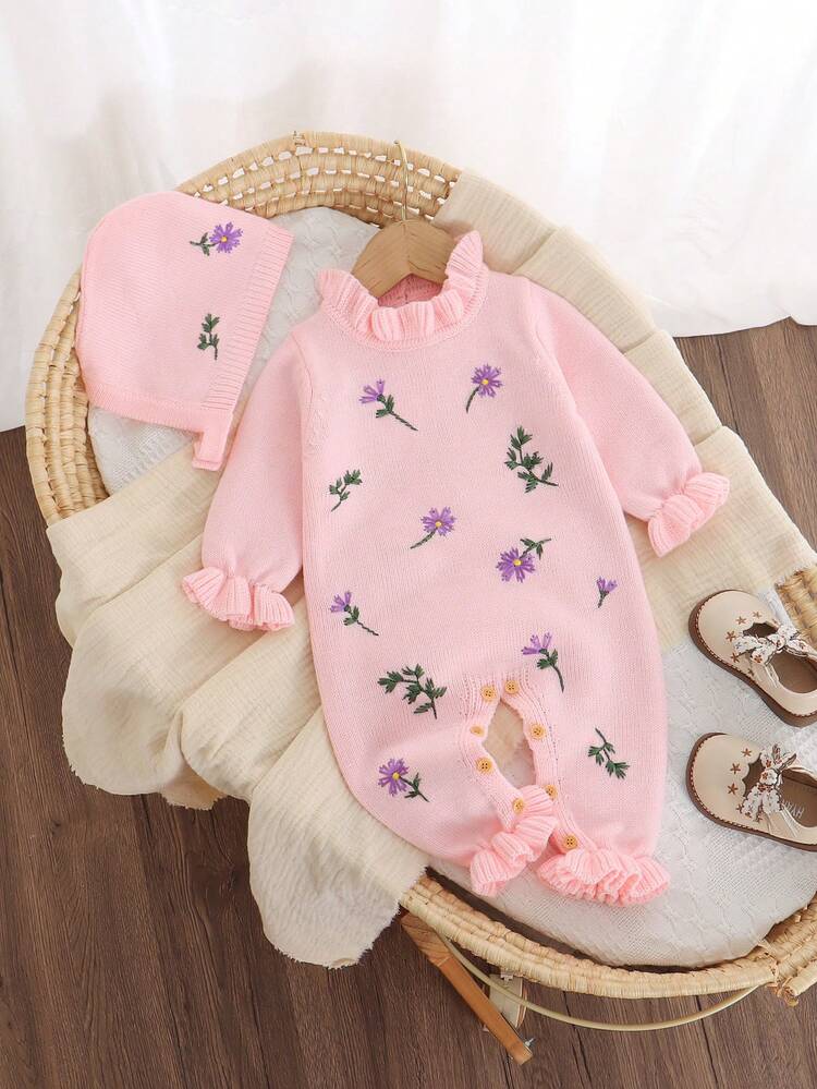 SHEIN Toddler Girls Floral Knit Romper, Soft Cozy Ribbed, Ruffled Long Sleeve Jumpsuit, Sweet Casual Outfit For Babies 0-24M, Soft Comfortable - Baby Pink - View 3