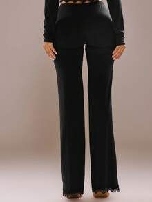 MUSERA Low Waist Flared Lounge Pants With Lace Trim Underwear Lingerie Everyday Basics Essential Night - Black - View 4