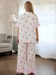 CottageSlumber Sweet Fresh Pink Ditsy Floral Plus Size Pajama Set, Ruffle Trim Cardigan 2 Pieces Loungewear - Pink - View 3