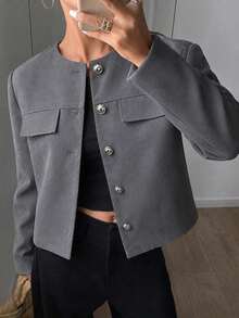 Modelyn Spring/Autumn Simple Fashion Elegant Round Neck Metal Button Slimming Versatile Daily Commute Women's Jacket - Grey - View 4