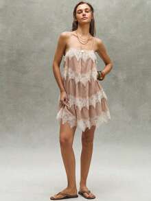 Bohemela Casual Woven Patchwork Ruffle Trim Women's Mini Dress - Coral Orange - View 6