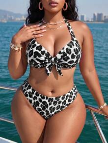 Swim Vcay Plus Size Women Summer Beach Leopard Print Bow Tie Halter Neck Swimsuit Top - Multicolor - View 5