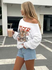 SHEIN EZwear 女款休閒極簡風老虎圖案露肩寬鬆長袖衛衣，適合春季、夏季與初秋 - 白色 - 查看 5