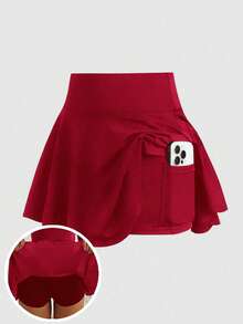 SHEIN Girlism 青少年女孩純色休閒百搭日常裙褲 - 酒紅色 - 查看 3