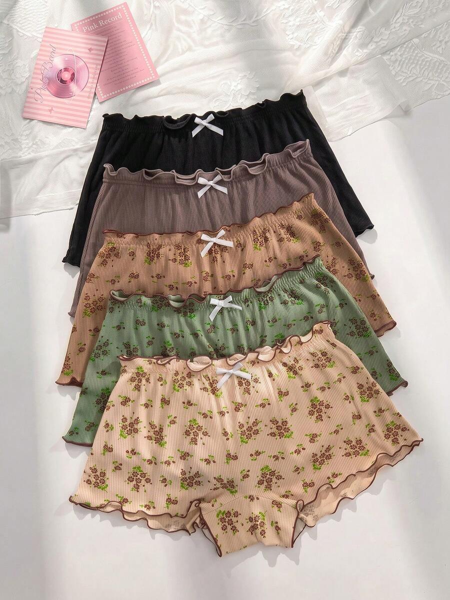 PetitDoll 5件套舒适花卉印花荷叶边平角内裤