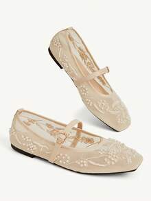 CUCCOO CHICEST 女款網布刺繡珍珠瑪麗珍平底鞋，扣環設計，通勤約會婚禮日常溫柔透氣百搭女鞋 - 米色 - 查看 6