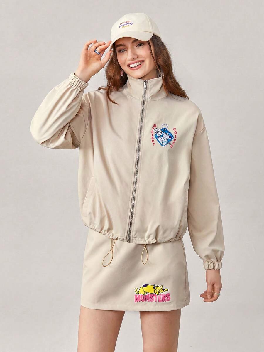 SCOOBY-DOO X SHEIN Letter And Cartoon Graphic Drop Shoulder Drawstring Hem Jacket & Skirt - Apricot - View 1