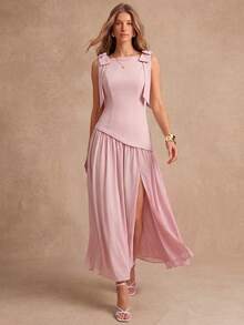 Enchnt Elegantes ärmelloses Sommerkleid mit Schleifendekor - Pink - Übersicht 4
