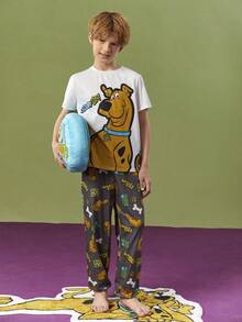 SCOOBY-DOO X SHEIN 青少年男孩卡通狗印花圆领 T 恤和全身印花长裤睡衣套装（阻燃） - 灰色 - 查看 4
