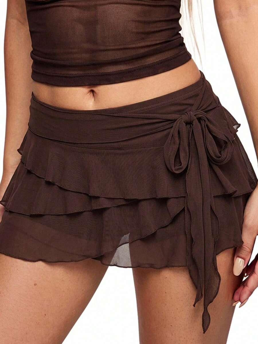 SHEIN ICON 女士多层荷叶边低腰 Y2K 迷你黑色半身裙 - 咖啡棕 - 查看 1