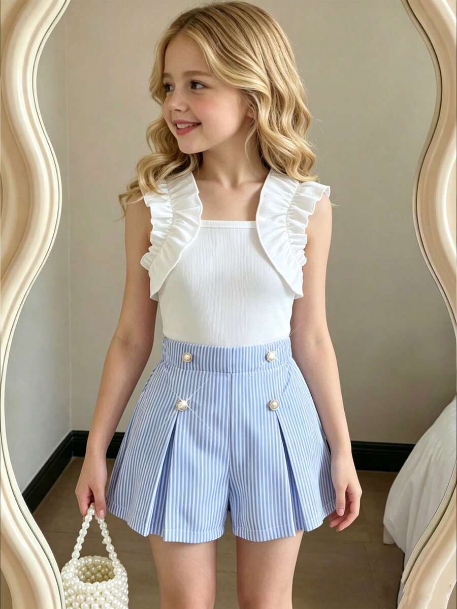 Girl Ruffled Sleeveless T-Shirt And Striped Print Pleated Shorts 2-Piece Setschool Uniform For Girl Festival Outfits Holiday Outfits Fall Clothes - Blue and White - View 1