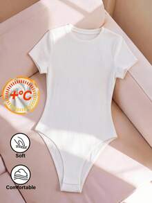 SHEIN BASICS Body de manga corta ajustado de color liso versátil para uso diario para mujer - Blanco - Ver 2