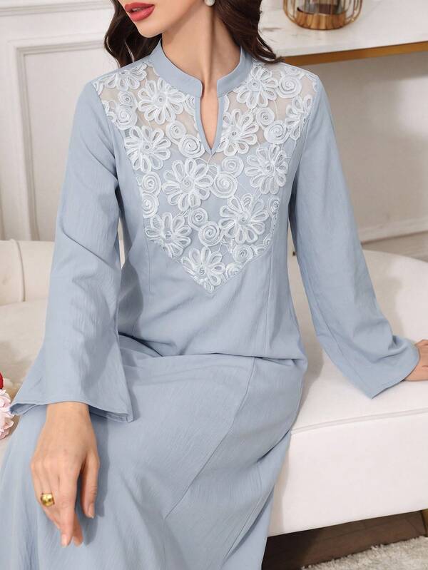 Yasmyna Women's Elegant Embroidered Mesh Patchwork Solid Color Textured Dress
