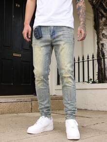 Manfinity EMRG Men's Vintage Washed Blue Distressed Ripped Denim Jeans, Slim Fit Stretch Long Pants - Light Wash - View 3