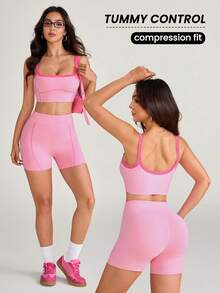 SHEIN Sovereign Charm 女款拼色短版細肩帶背心上衣與短褲運動套裝 - 彩色 - 查看 1