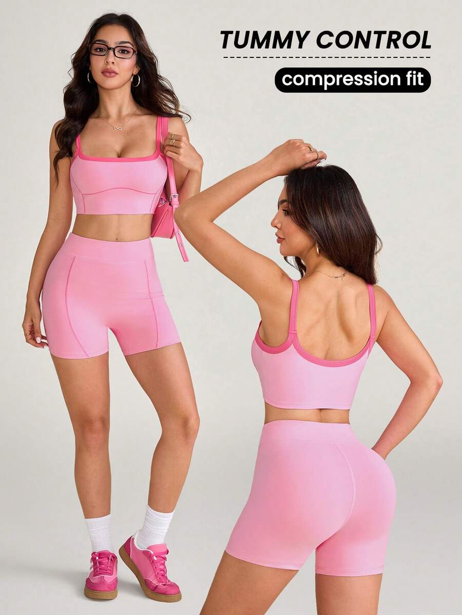 SHEIN Sovereign Charm 女款拼色短版細肩帶背心上衣與短褲運動套裝 - 彩色 - 查看 1