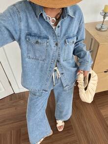 SHEIN EZwear 女款長袖單排扣襯衫與長褲休閒街頭風牛仔套裝 秋季旅行淺藍色 - 中等水洗藍 - 查看 6