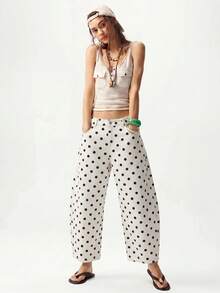 Bohemela Plus Size Women's Polka Dot Pattern Tapered Denim Jeans With Pockets - Multicolor - View 5