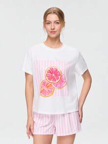 Bonmuse Women's Pink Striped Grapefruit Short Sleeve T-Shirt And Shorts Pajama Set - Red - View 3