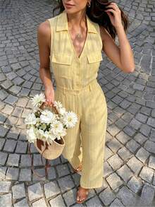 Cévolie Women's Sweet Striped Button V-Neck Pocket Jumpsuit - Yellow - View 1