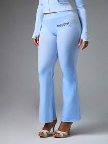 BABYPHAT بنطلون مخملي واسع مع طباعة فراشة مرصعة بالراينستون على المؤخرة وتفاصيل شعار العلامة التجارية لمناسبات الخريف والشتاء - أزرق فاتح اللون - مشاهدة 3