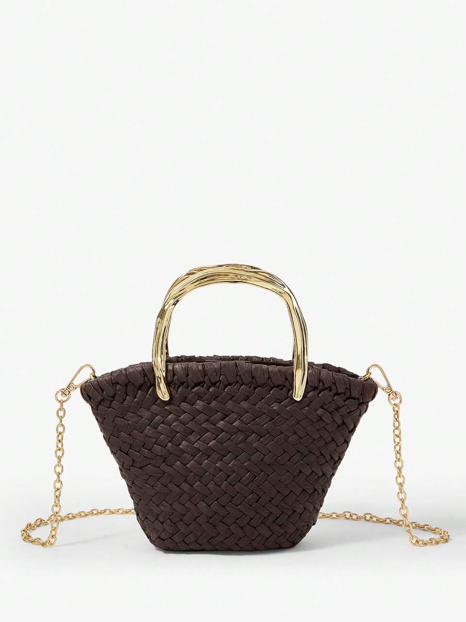 SHEIN Maija Ladies, Women Top Handle Bags, Straw Bag, Straw Woven Bag, Dark Brown, Metal Hardware Handle, Fashionable, Elegant, Simple, Personalized, Versatile, For Beach, Vacation, Holiday, Summer, Seaside, Beach Party, Commute, Office, Date, Daily, Shopping, Afternoon Tea