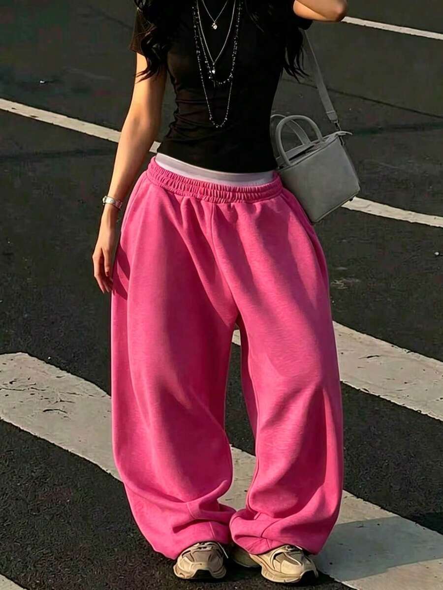 SHEIN 休閒寬鬆寬腿女款運動長褲 - 玫紅色 - 查看 1