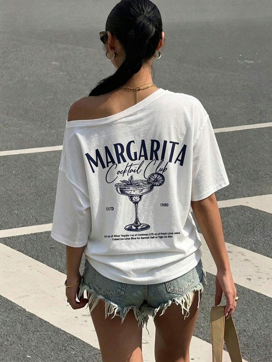 Muchica 休閒極簡度假風藍色雞尾酒色復古字母印花露肩寬鬆短袖T恤,適合女性,春夏百搭大尺碼T恤 - 彩色 - 查看 1