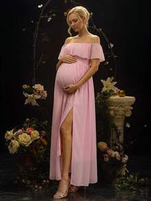 Cheriluna Maternity Elegante vestido de maternidad de gasa con hombros descubiertos, mangas con volantes, abertura lateral y silueta en A - Rosa - Ver 1