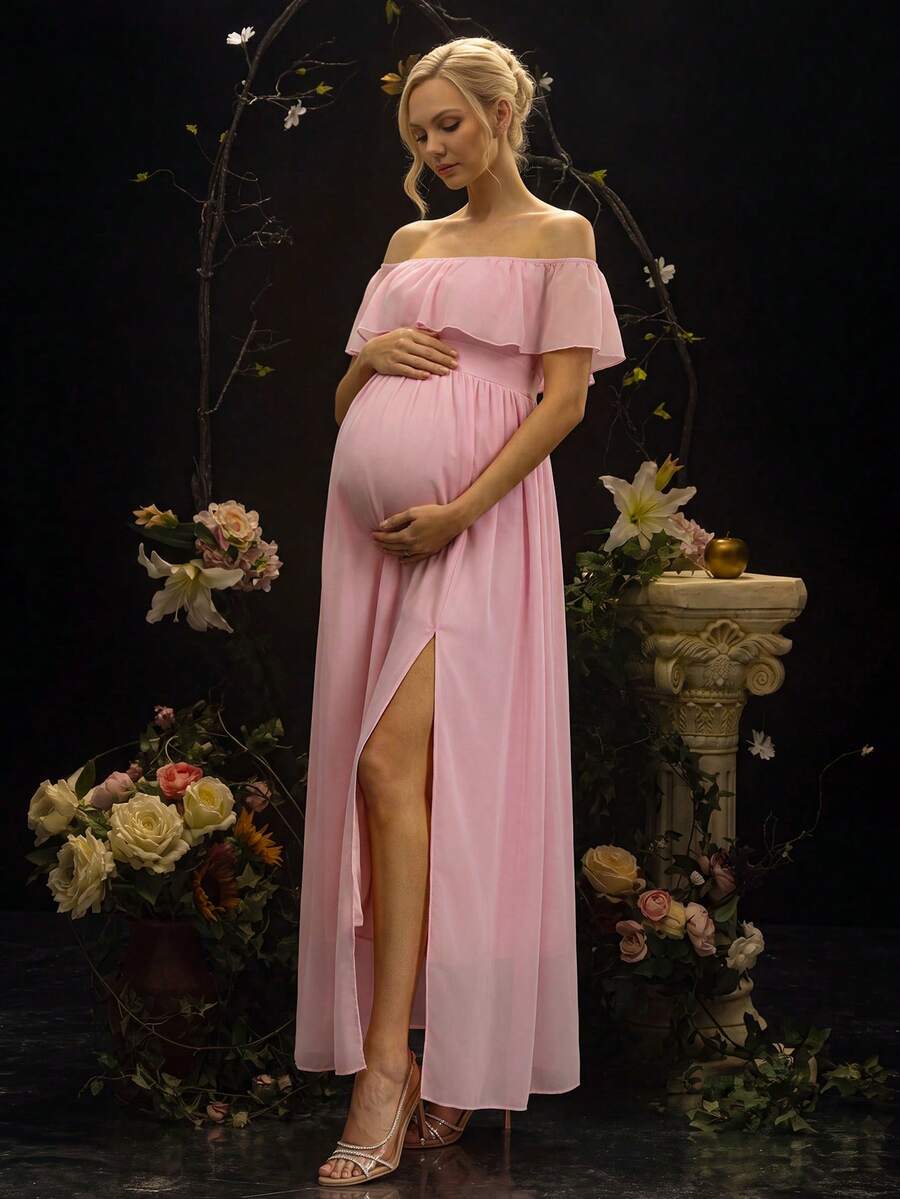 Cheriluna Maternity Elegante vestido de maternidad de gasa con hombros descubiertos, mangas con volantes, abertura lateral y silueta en A - Rosa - Ver 1