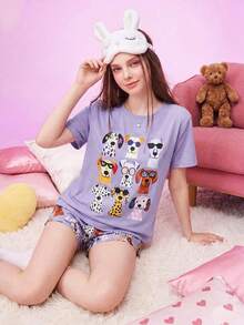 Notgurli Set Piyama Lengan Pendek Wanita Ukuran Plus Motif Hati Kopi Putih dan Merah, Cocok untuk Bersantai Sehari-hari - Purple - View 3